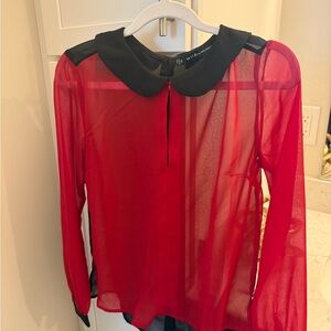 W118 by Walter Baker Sheer Red and Black Collared Blouse